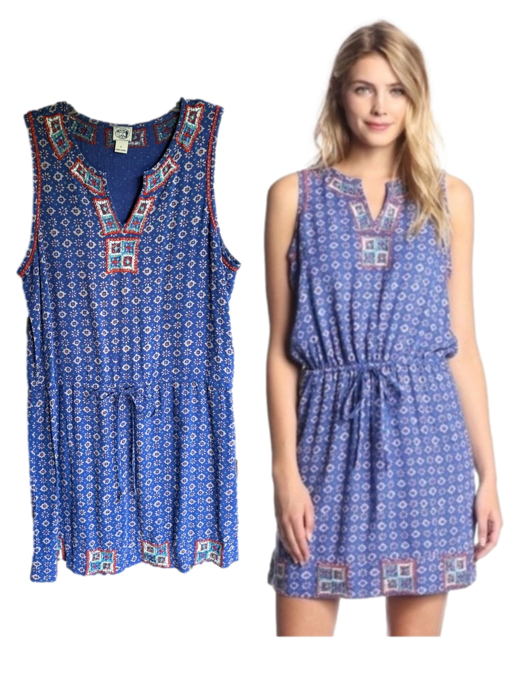 Lucky Brand Irving & Fine Boho Embroidered Summer Dress Tie Waist Blue Large